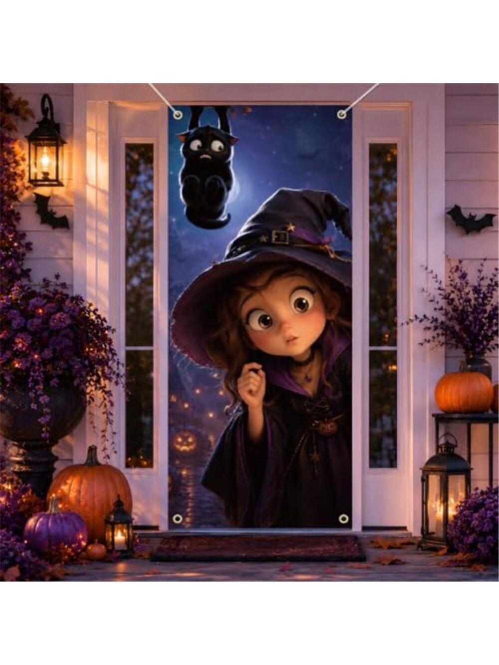 Halloween Door Cover 30 x 72 Inch Cute Witch and Black Cat Door Banner
